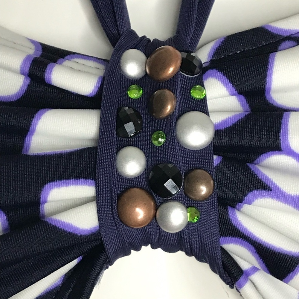 ST. JOHN Pebble Size 6 Bandeau & Halter Tie Embellished Swim Top Navy & White - Picture 3 of 15